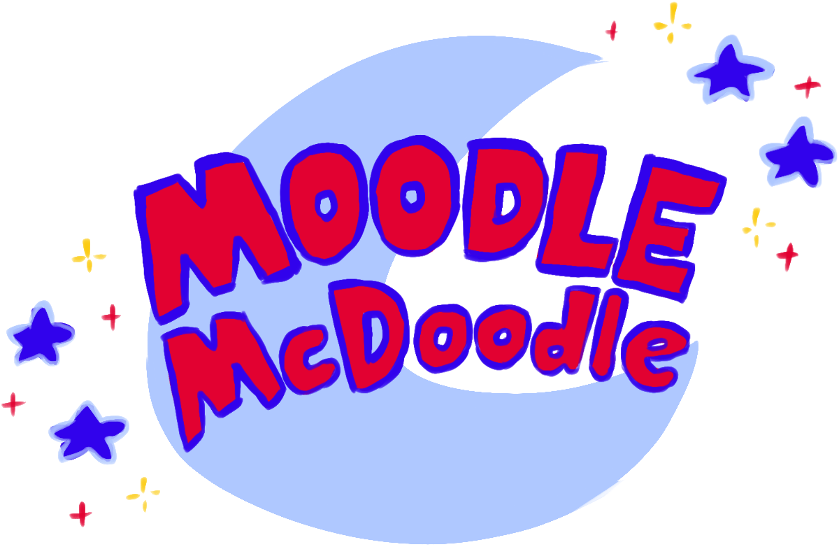 logo reading 'Moodle McDoodle' over a crescent moon